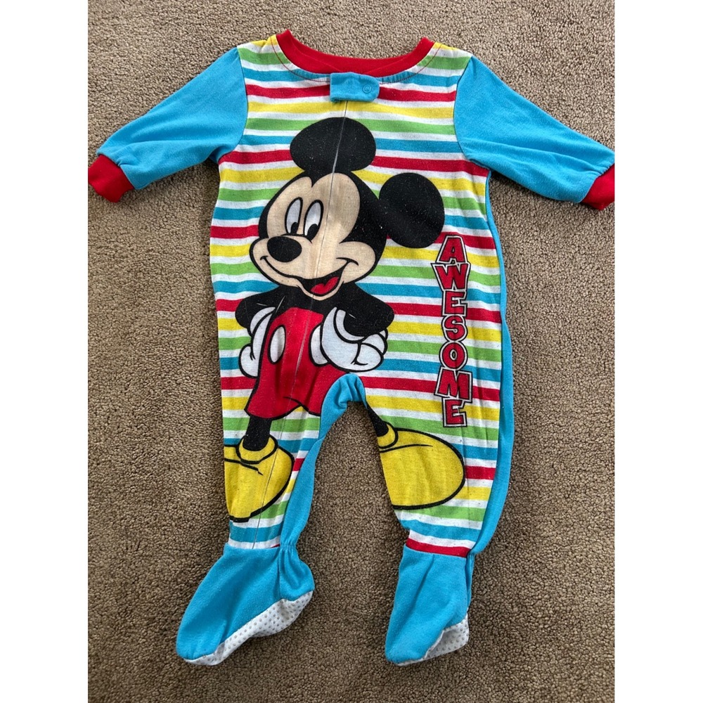 Disney Baby Mickey Mouse Striped Footed Sleeper Pajamas Blue Red 9M